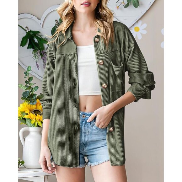 Women's Oversized Button Down Shacket Shirt Long Sleeve Fall Textured - Picture 2 of 8